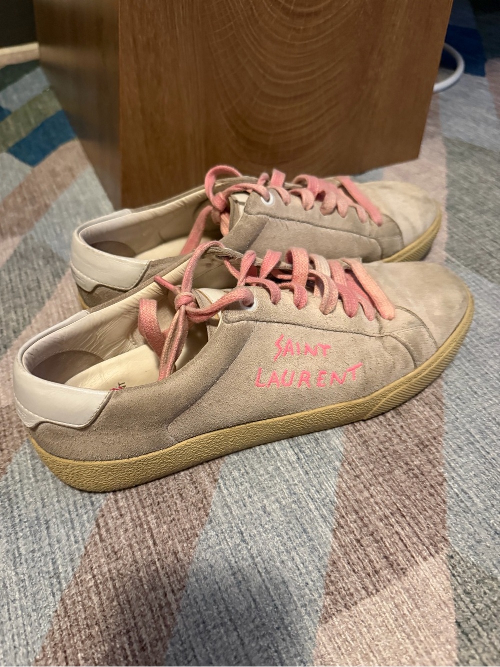Saint Laurent Beige Suede Sneakers with Pink Laces and Logo